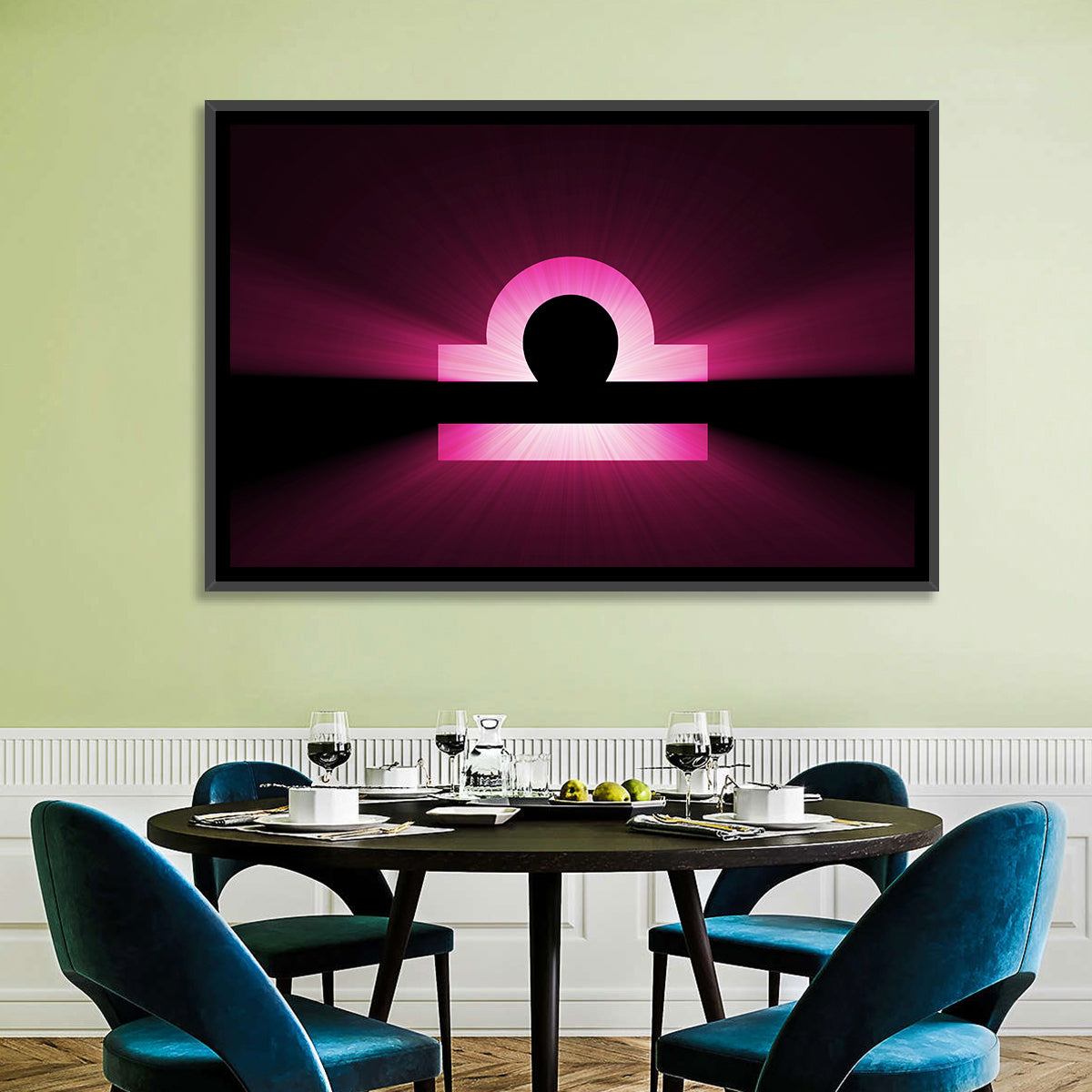 Libra Symbol Neon Glow Wall Art in a room, landscape