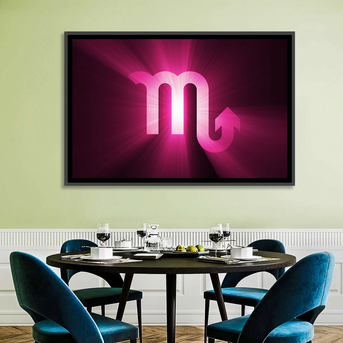 Scorpio Glyph with Magenta Burst Wall Art in a room, landscape