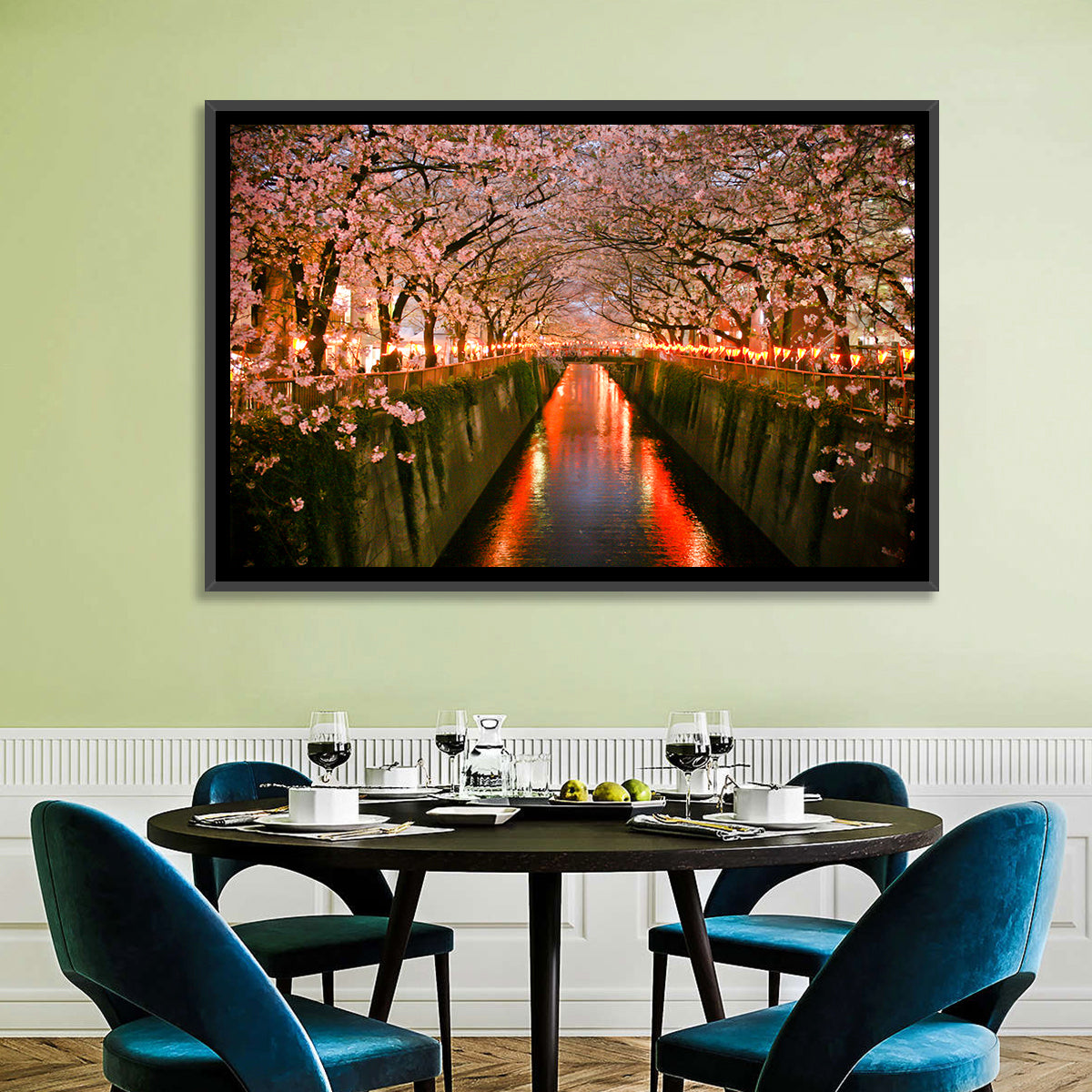 Meguro River Cherry Blossoms Wall Art in a room, landscape