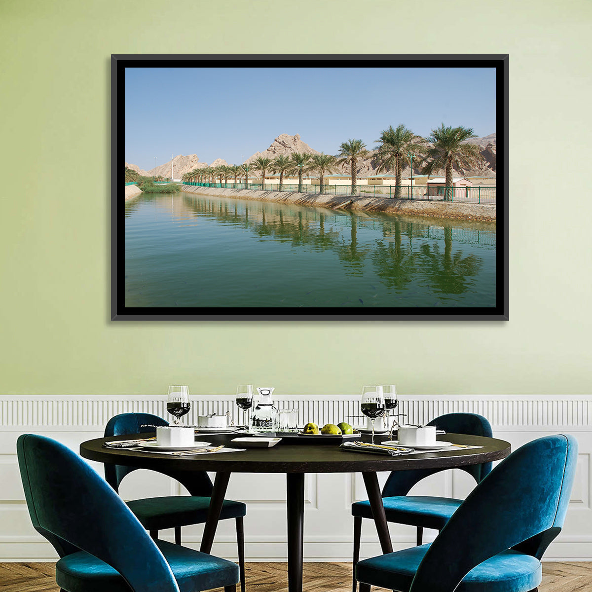 Palm Lake Reflections Wall Art in a room, landscape