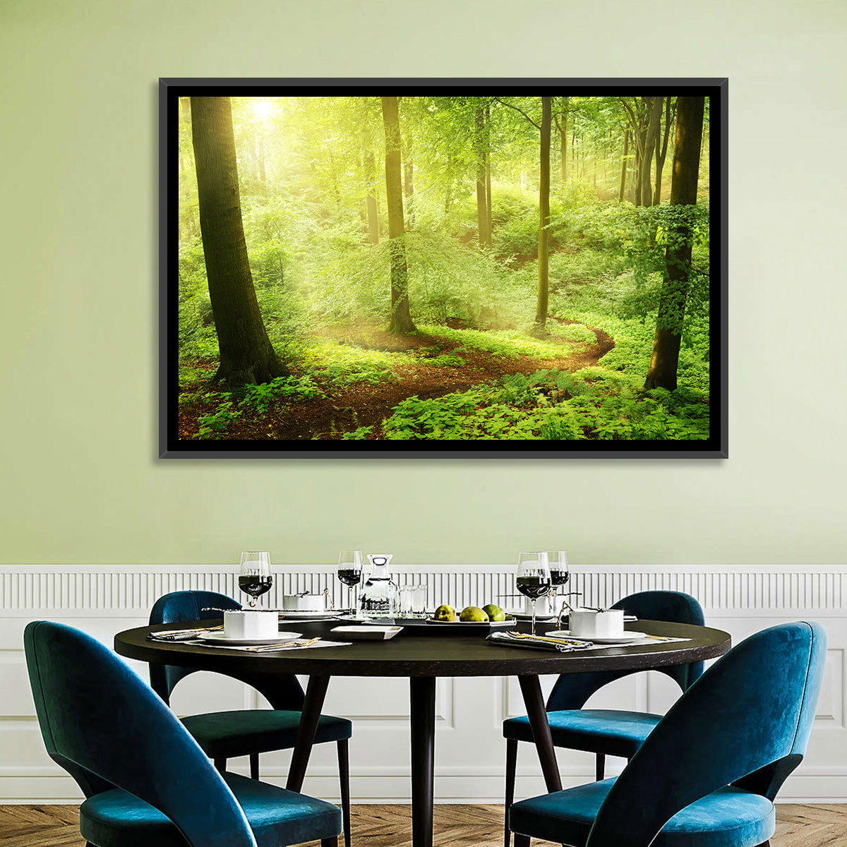 Sunlit Forest Path Wall Art in a room, landscape