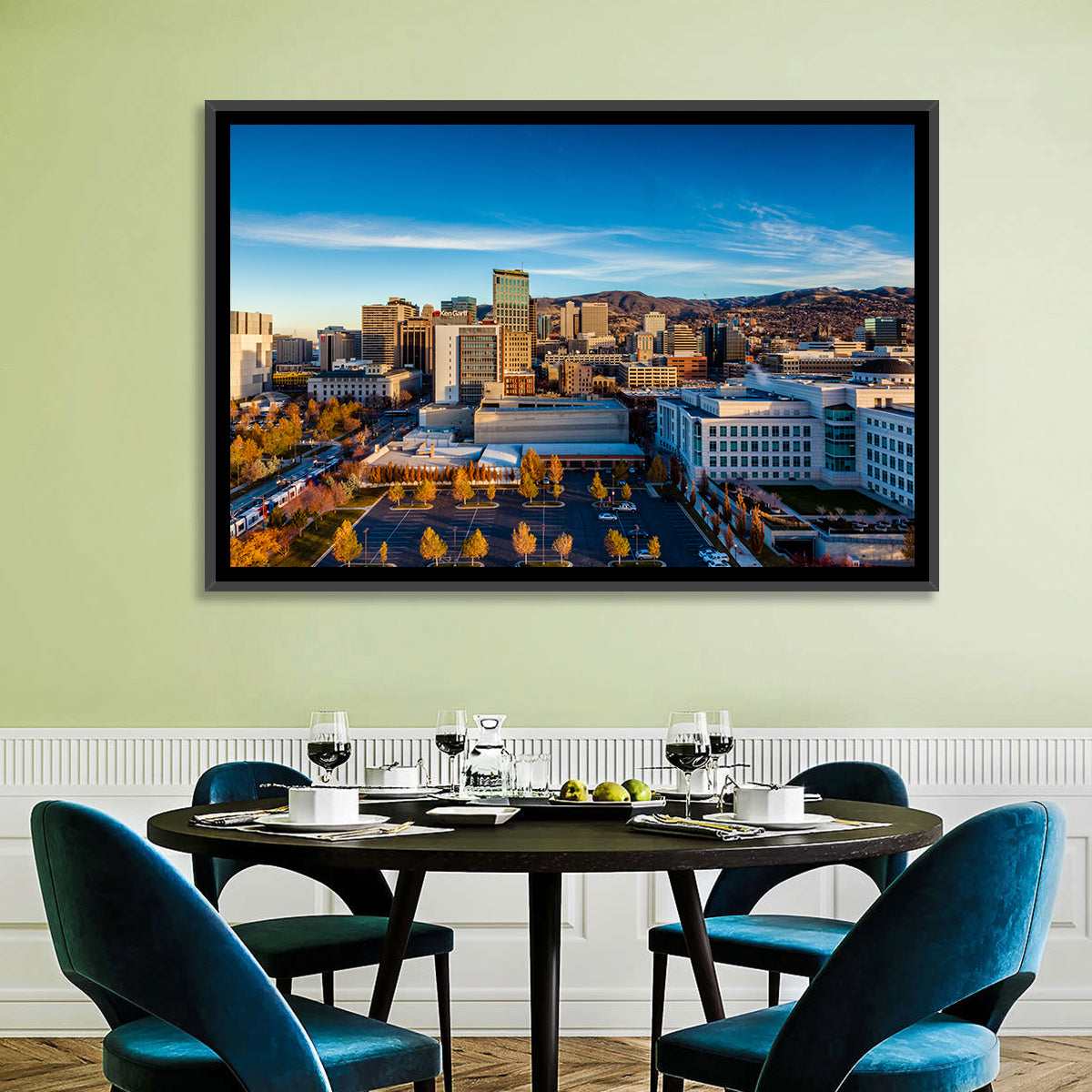Salt Lake City Skyline at Golden Hour Wall Art in a room, landscape