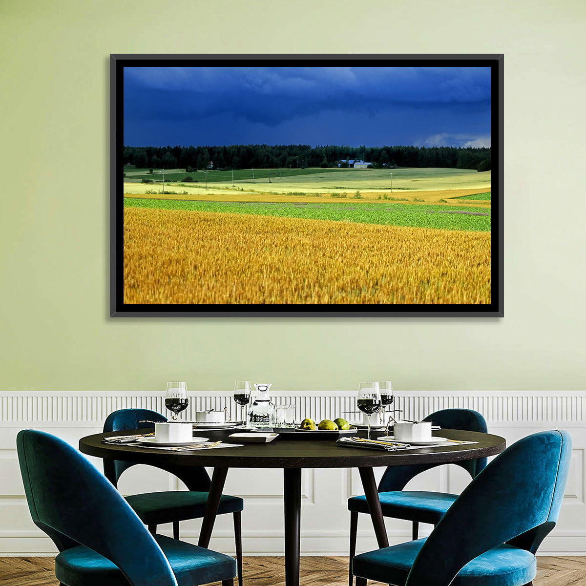 Cornfields Under Stormy Sky Wall Art in a room, landscape