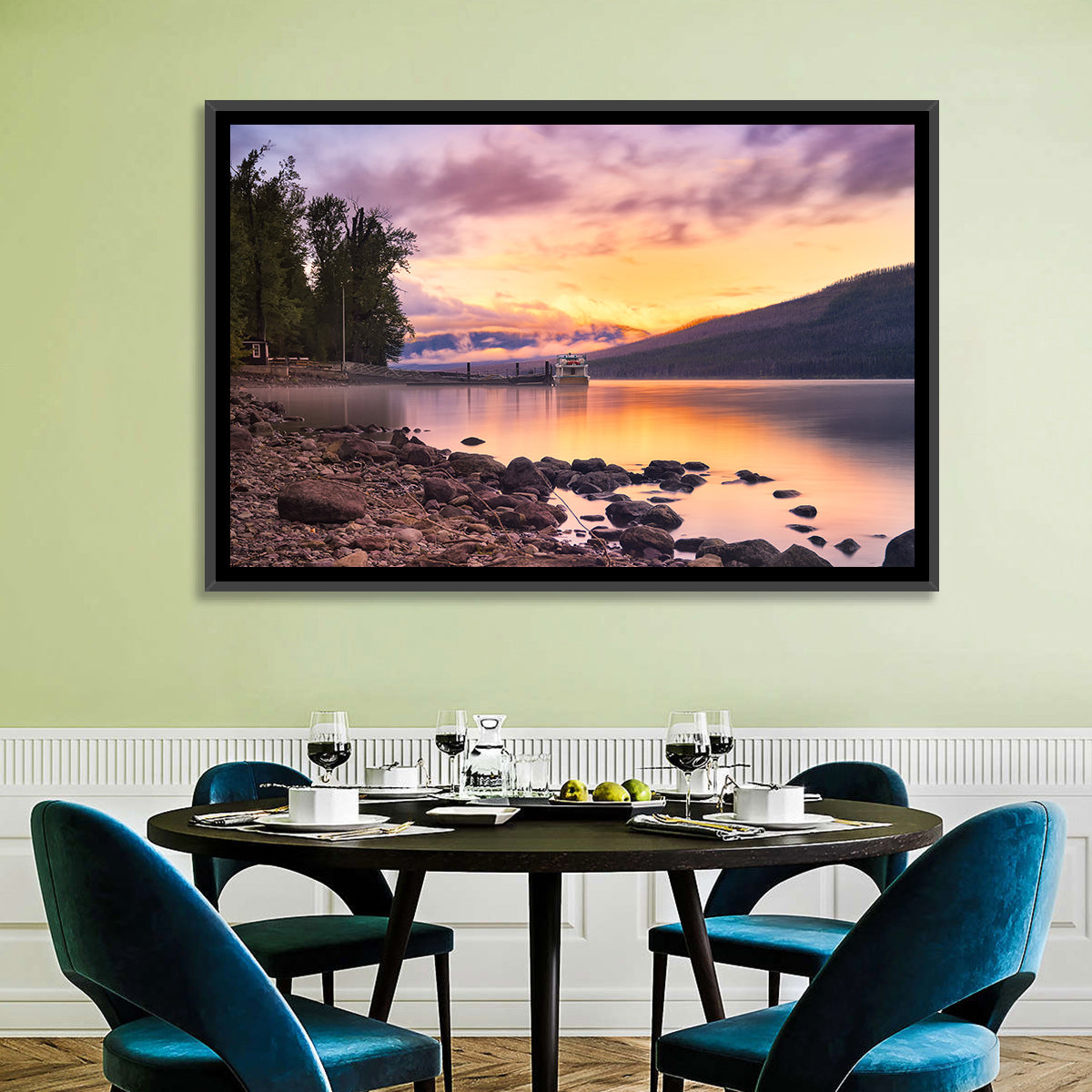 Lake Mcdonald Sunset Reflection Wall Art in a room, landscape