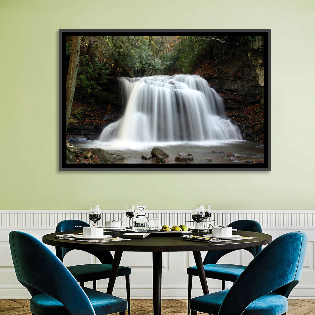 Holly River Autumn Waterfall Wall Art in a room, landscape
