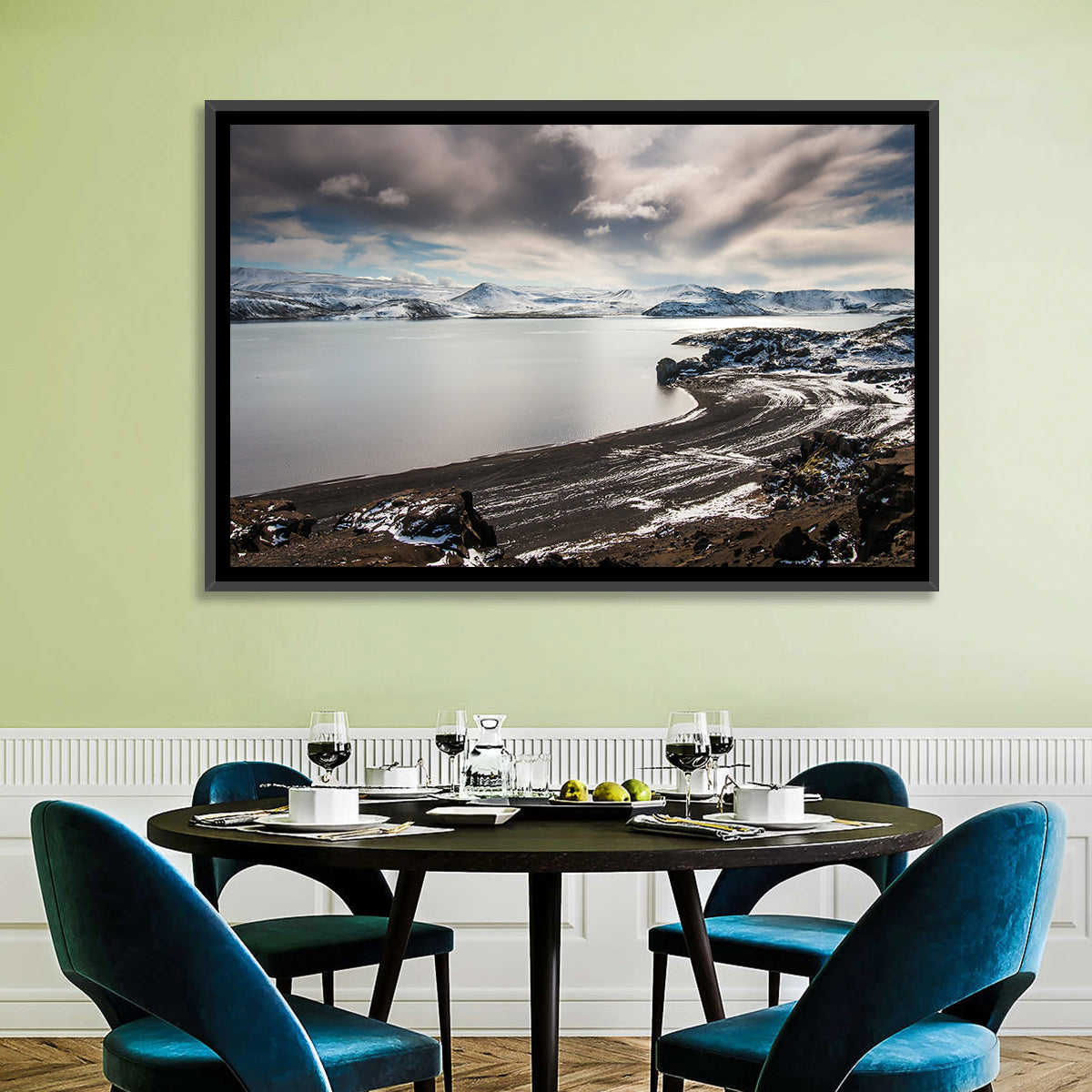 Kleifarvatn Black Sand Shore Wall Art in a room, landscape