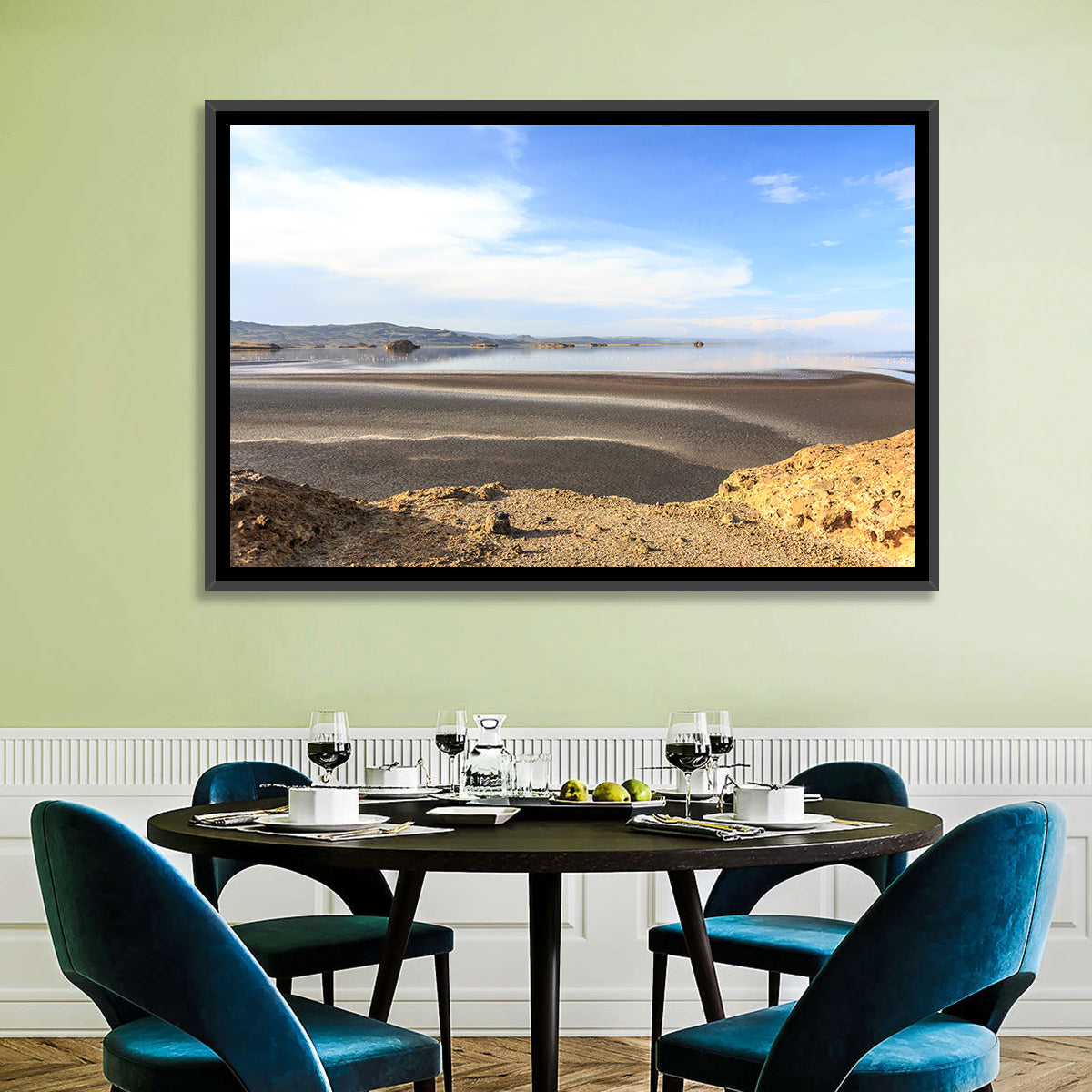 Lake Natron Flamingos Wall Art in a room, landscape