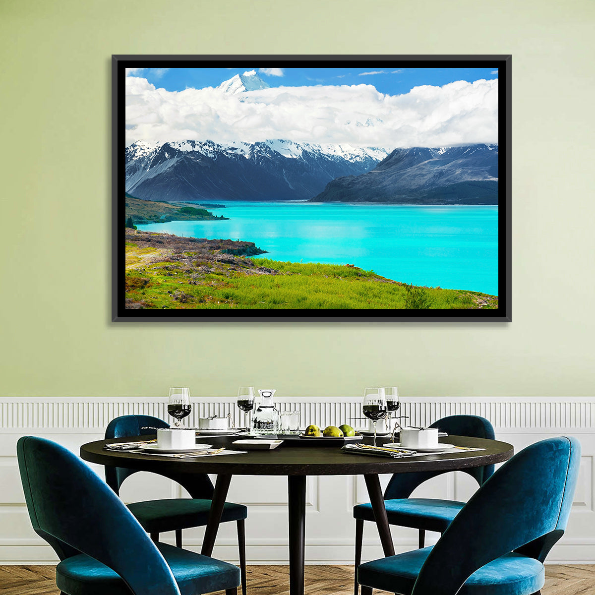 Turquoise Lake Pukaki with Mount Cook Wall Art in a room, landscape