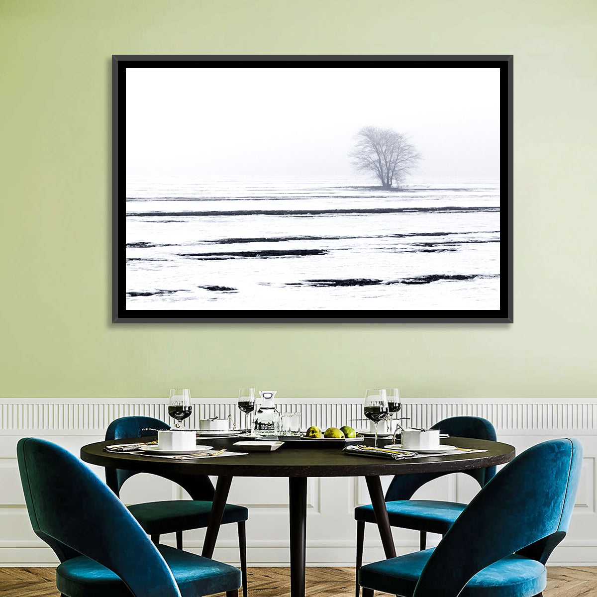 Foggy Winter Field with Lone Tree Wall Art in a room, landscape