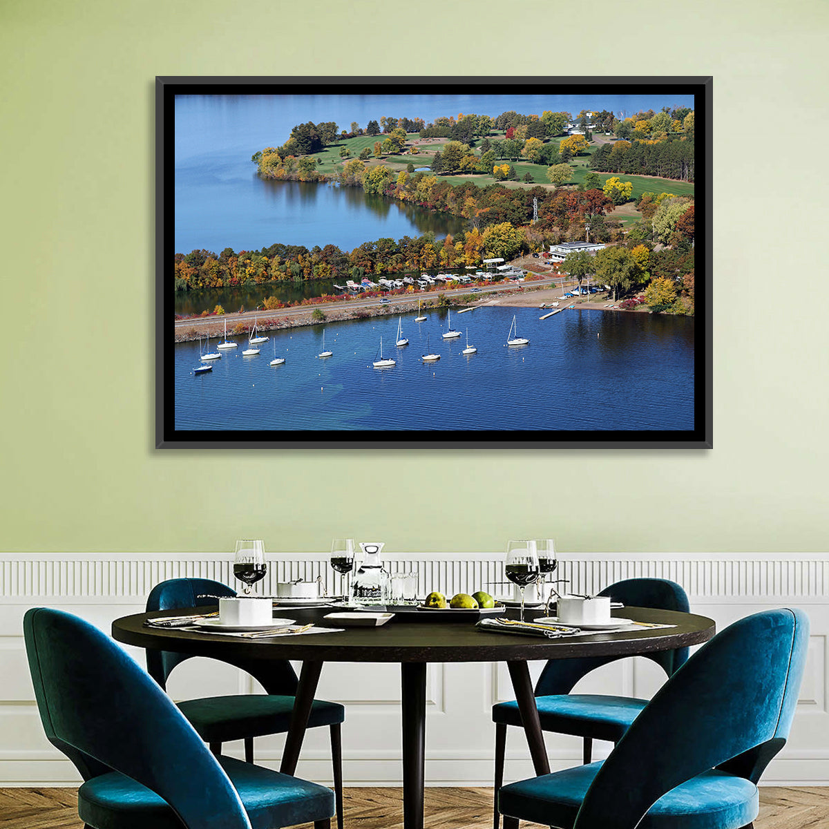 Lake Wissota Aerial Wall Art in a room, landscape