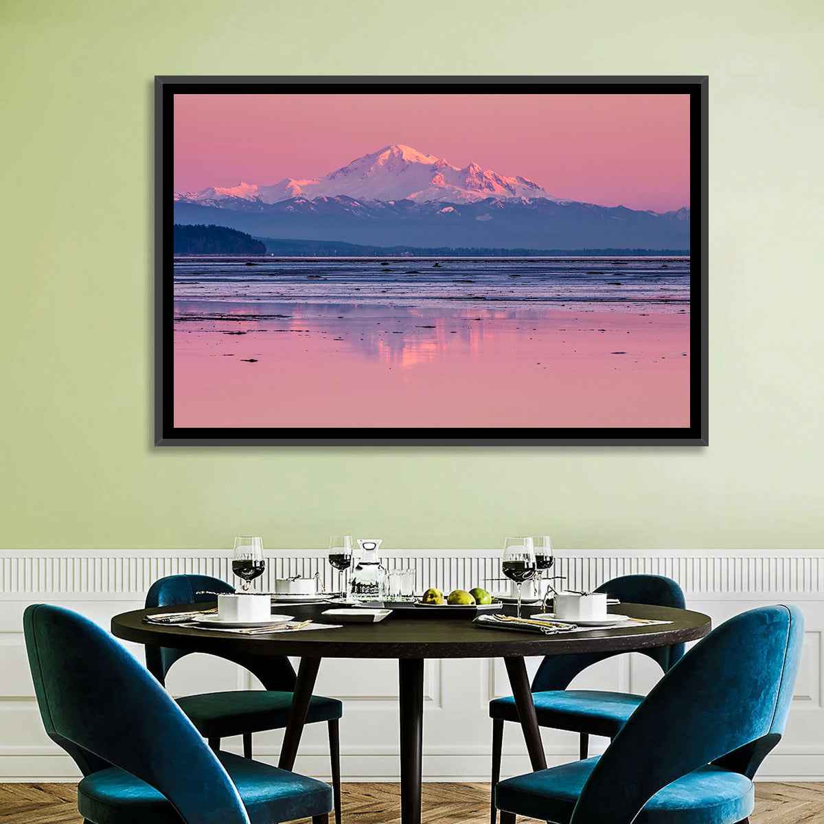 Mount Baker Sunset Wall Art in a room, landscape