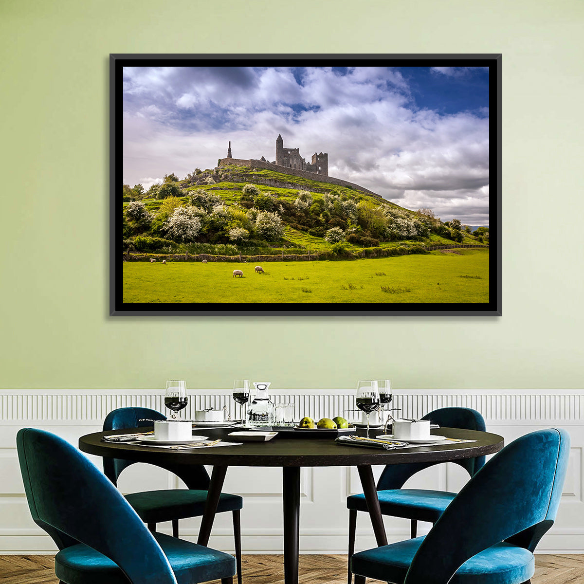 Rock of Cashel Ruins Wall Art in a room, landscape