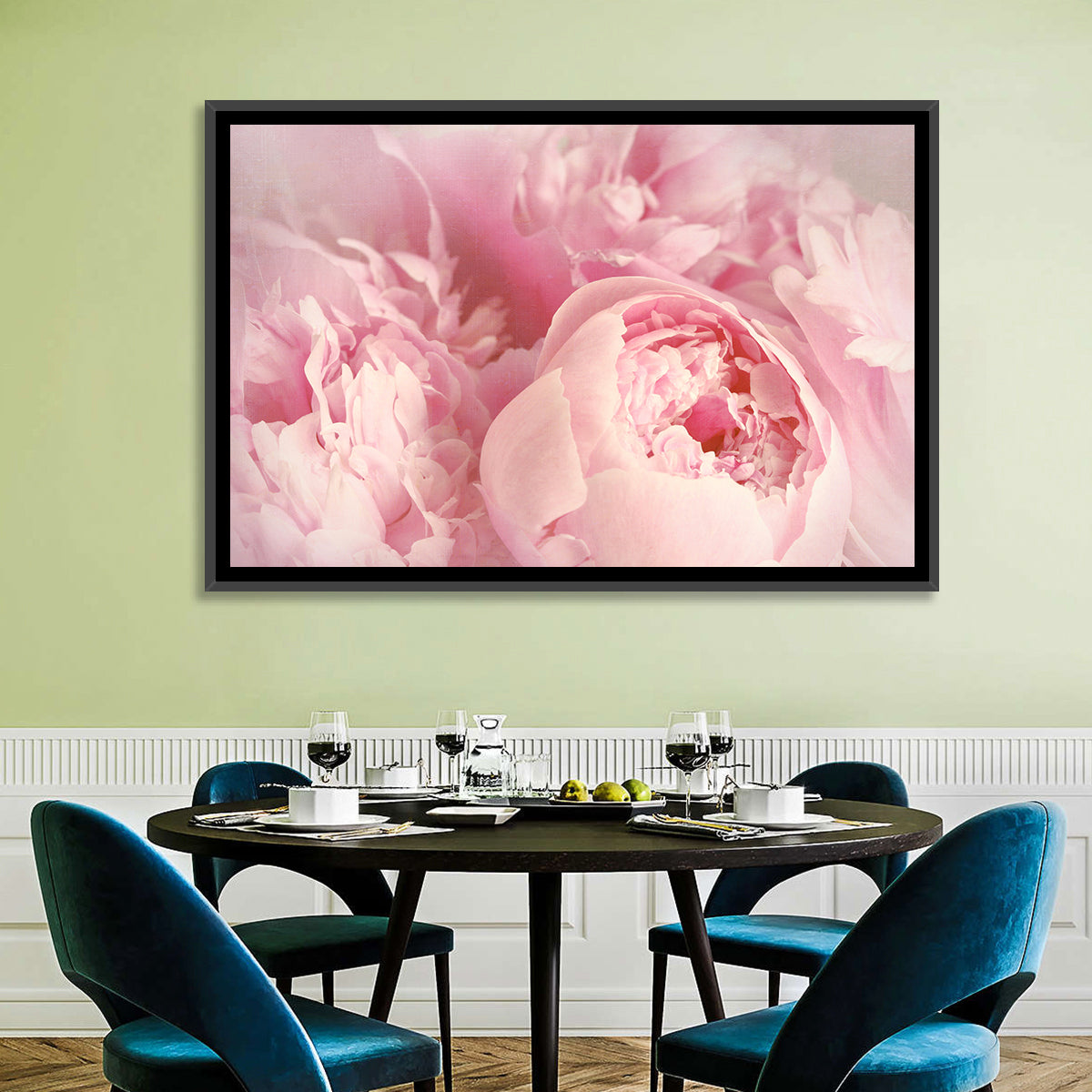 Soft Pink Peony Close Up Wall Art in a room, landscape