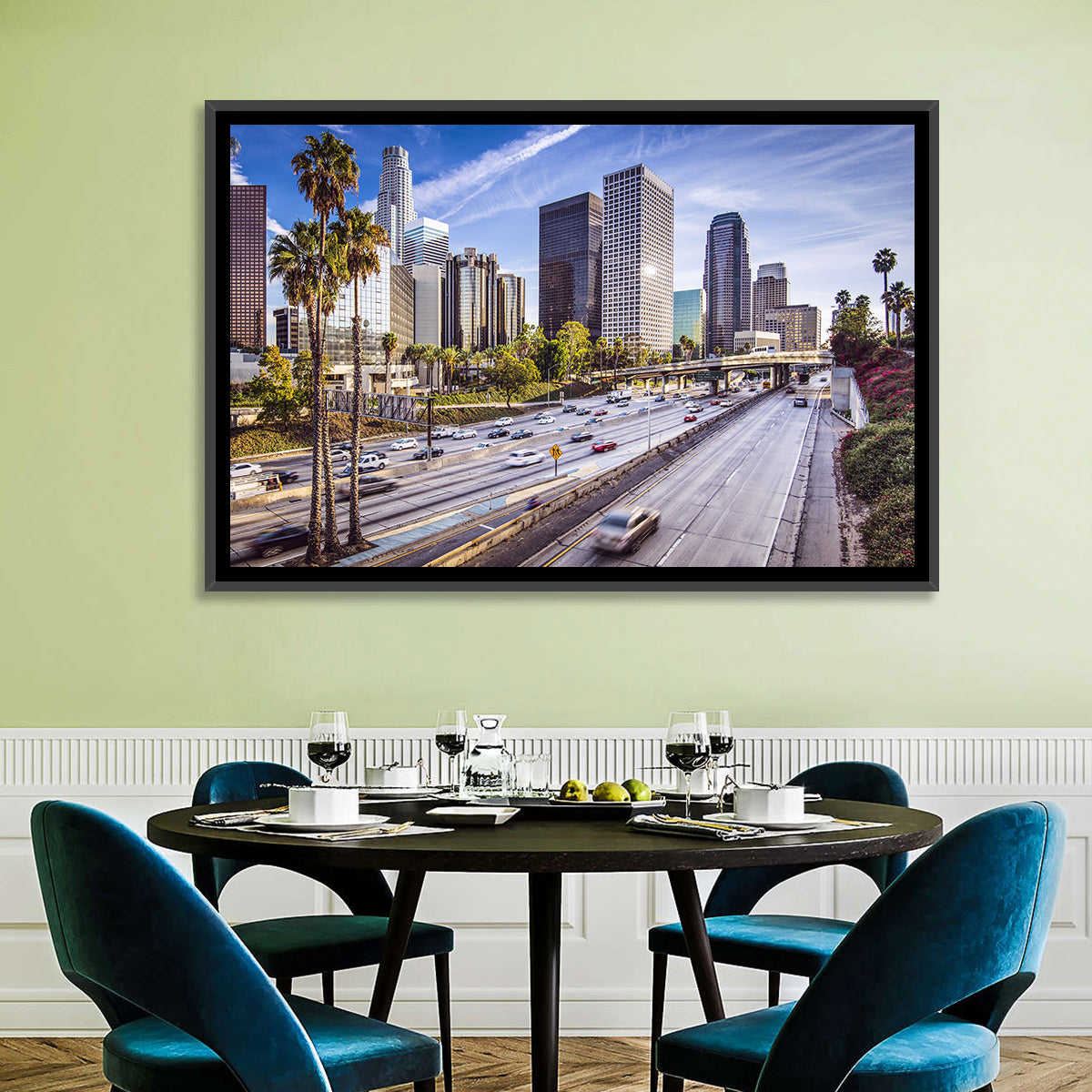 Los Angeles Freeway to Downtown Skyline Wall Art in a room, landscape