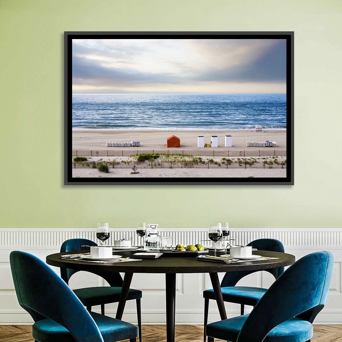 Cape May Beach Huts Wall Art in a room, landscape