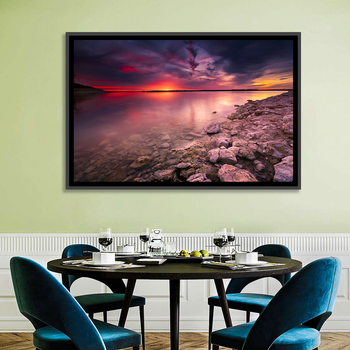 Benbrook Lake Sunset Reflection Wall Art in a room, landscape