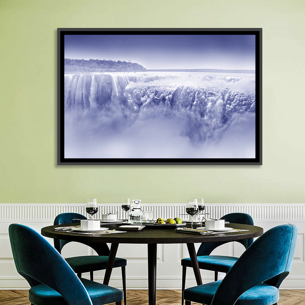 Iguazu Falls Blue Monochrome Wall Art in a room, landscape