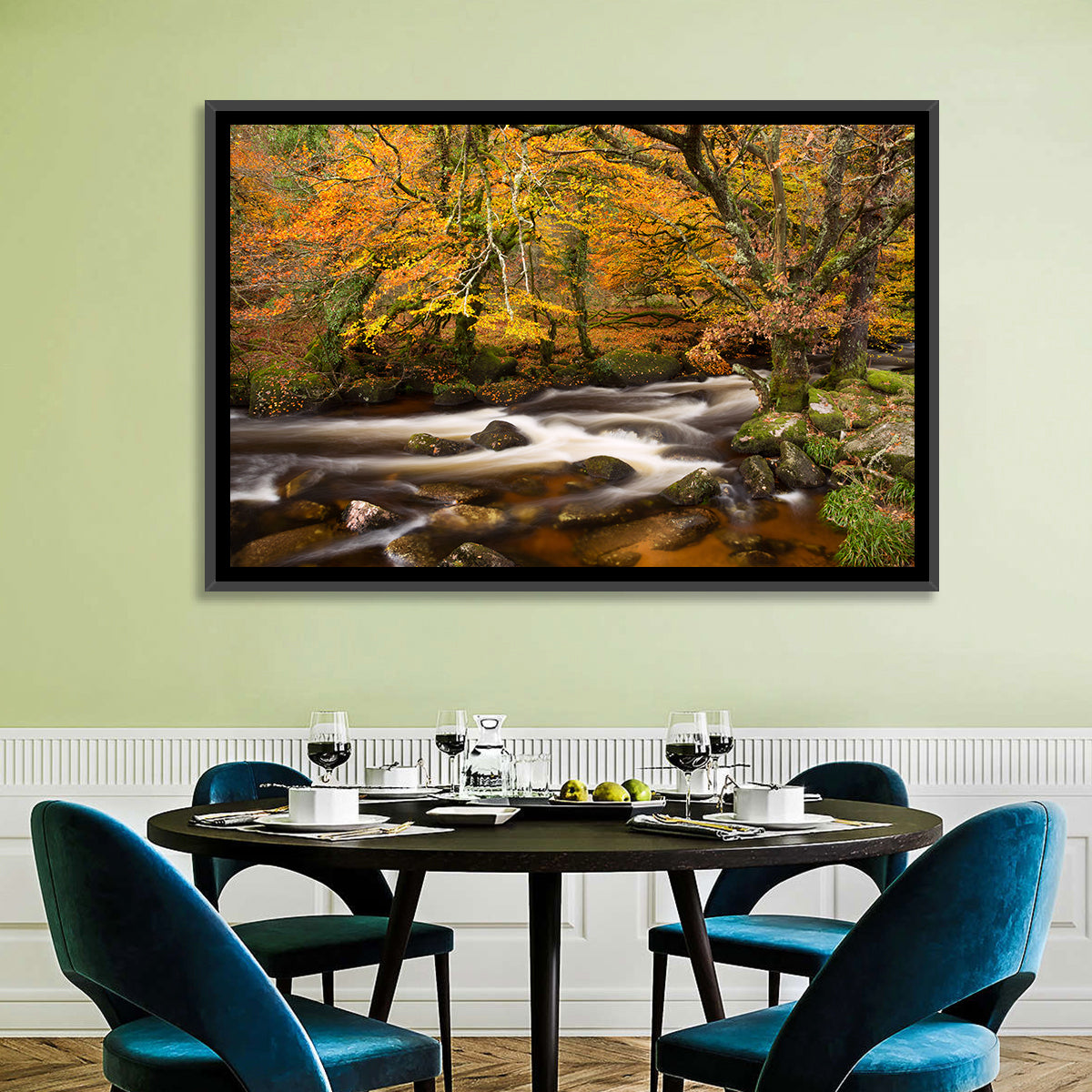 Dartmoor Autumn River in Golden Forest Wall Art in a room, landscape