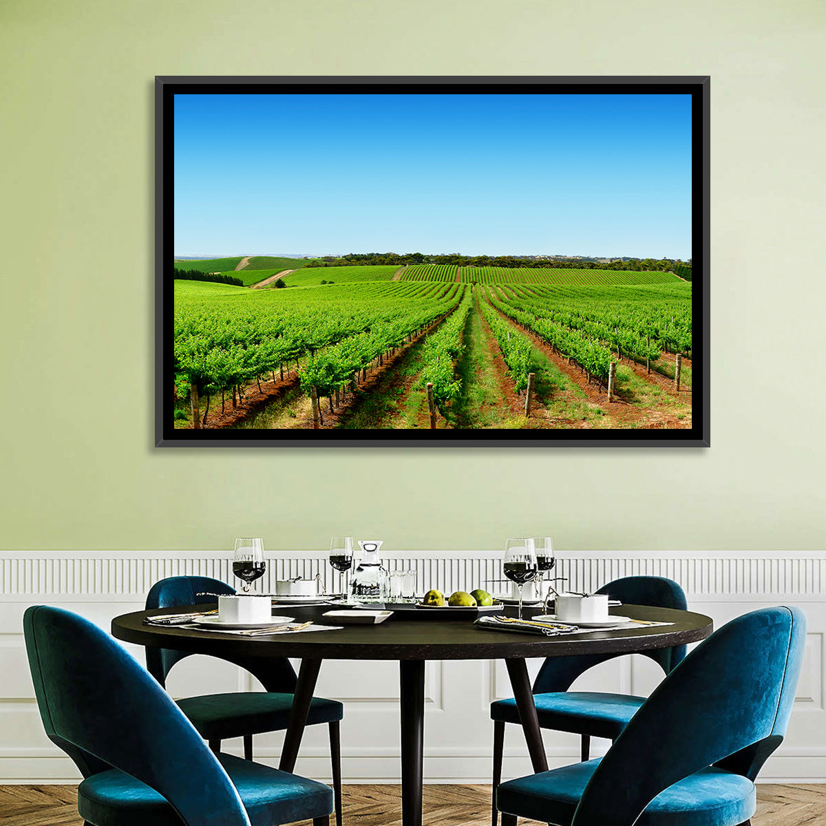 Sunlit Vineyard Rows Wall Art in a room, landscape
