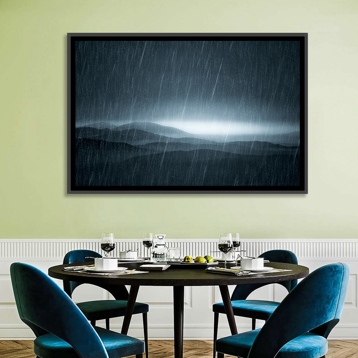 Rain Storm Over Mountains Wall Art in a room, landscape