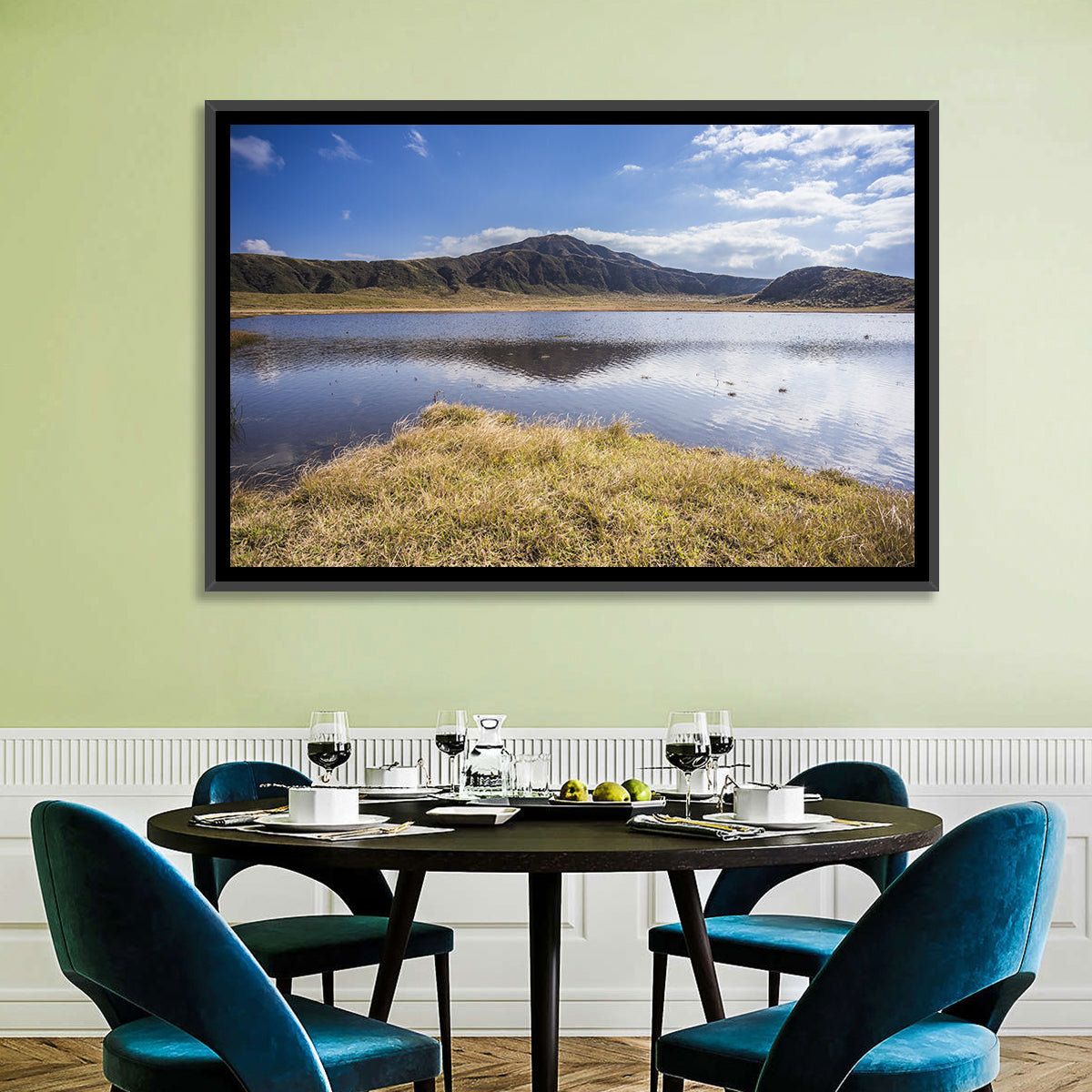 Mount Aso Lake Reflection Wall Art in a room, landscape