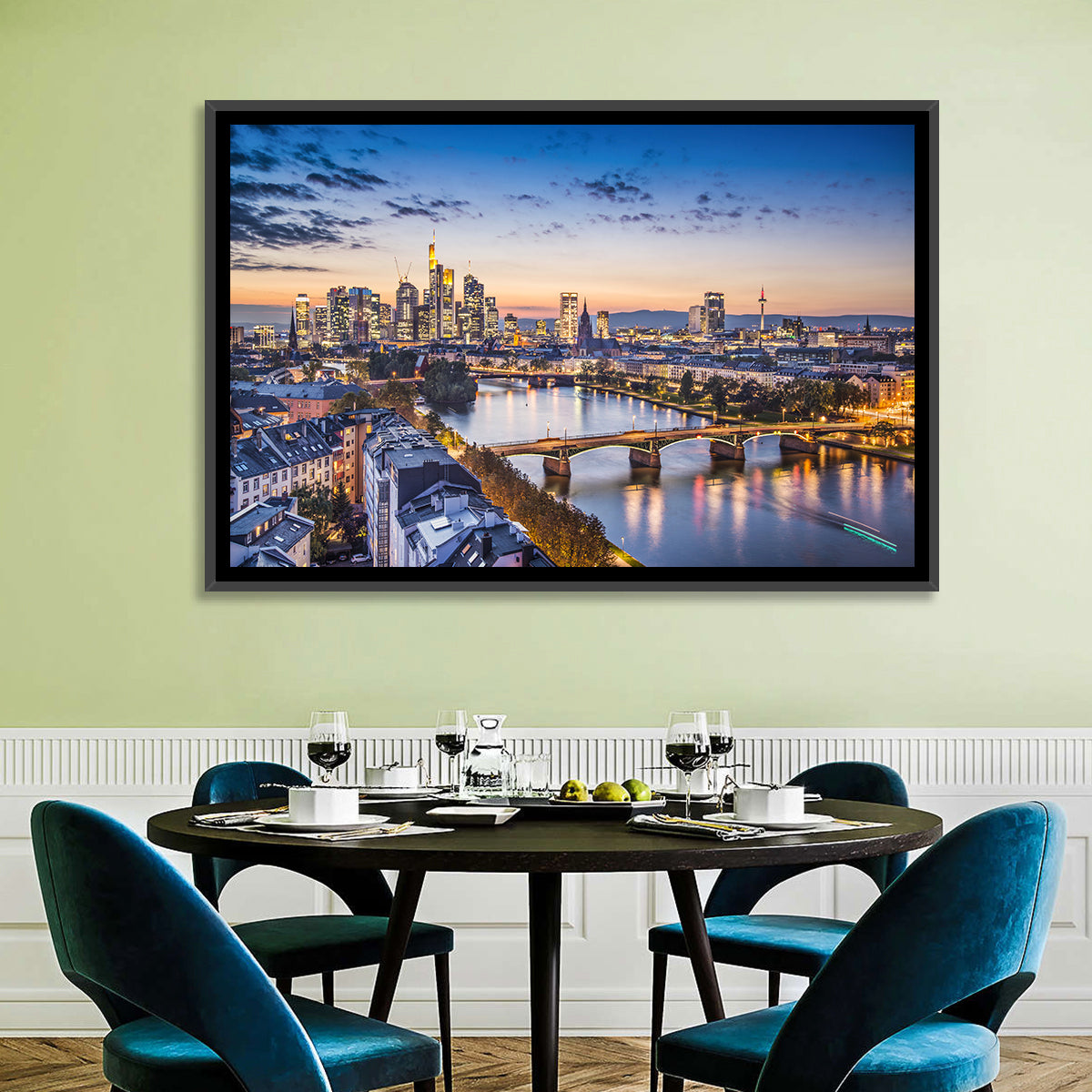 Frankfurt Twilight Skyline Wall Art in a room, landscape