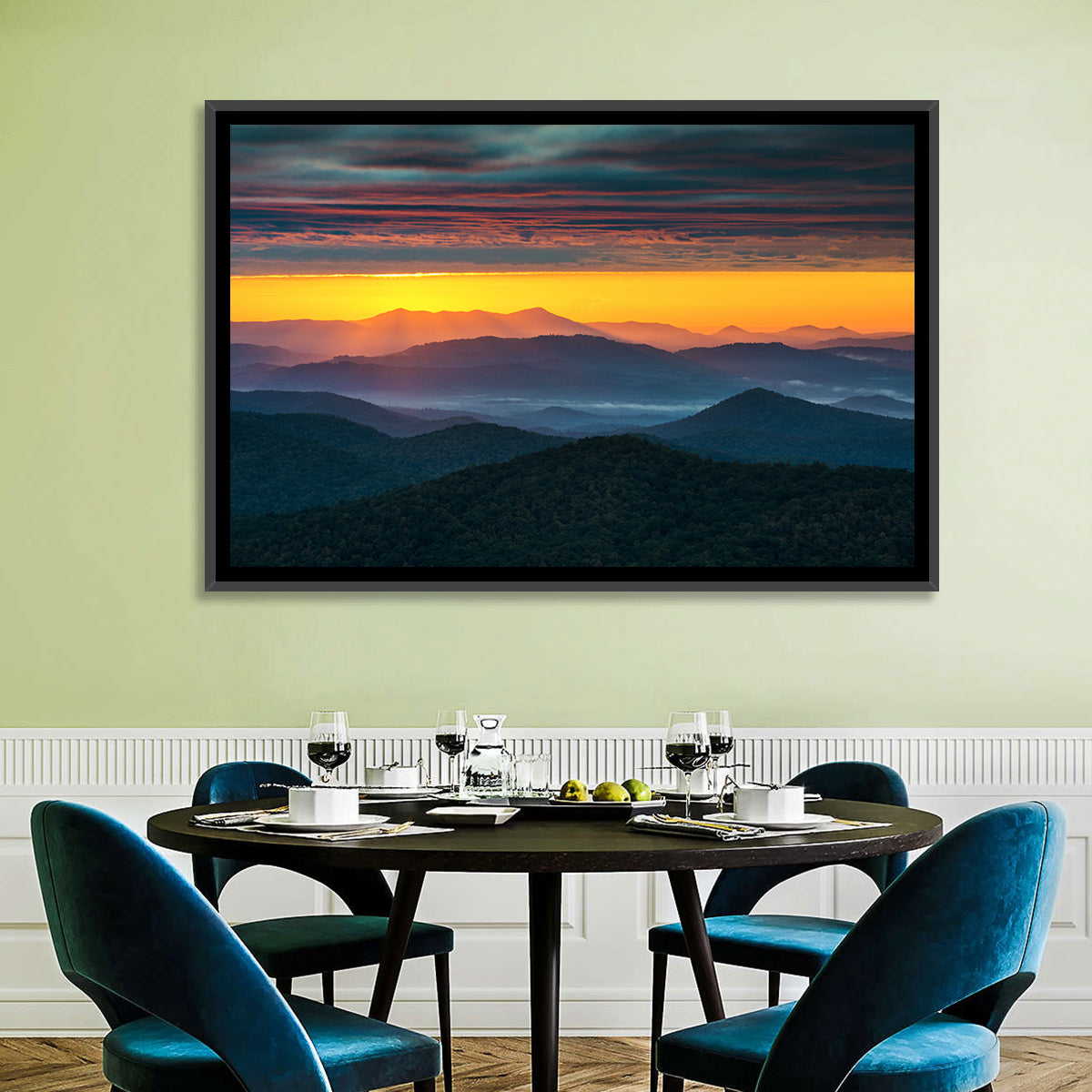 Misty Blue Ridge Sunrise North Carolina Wall Art in a room, landscape