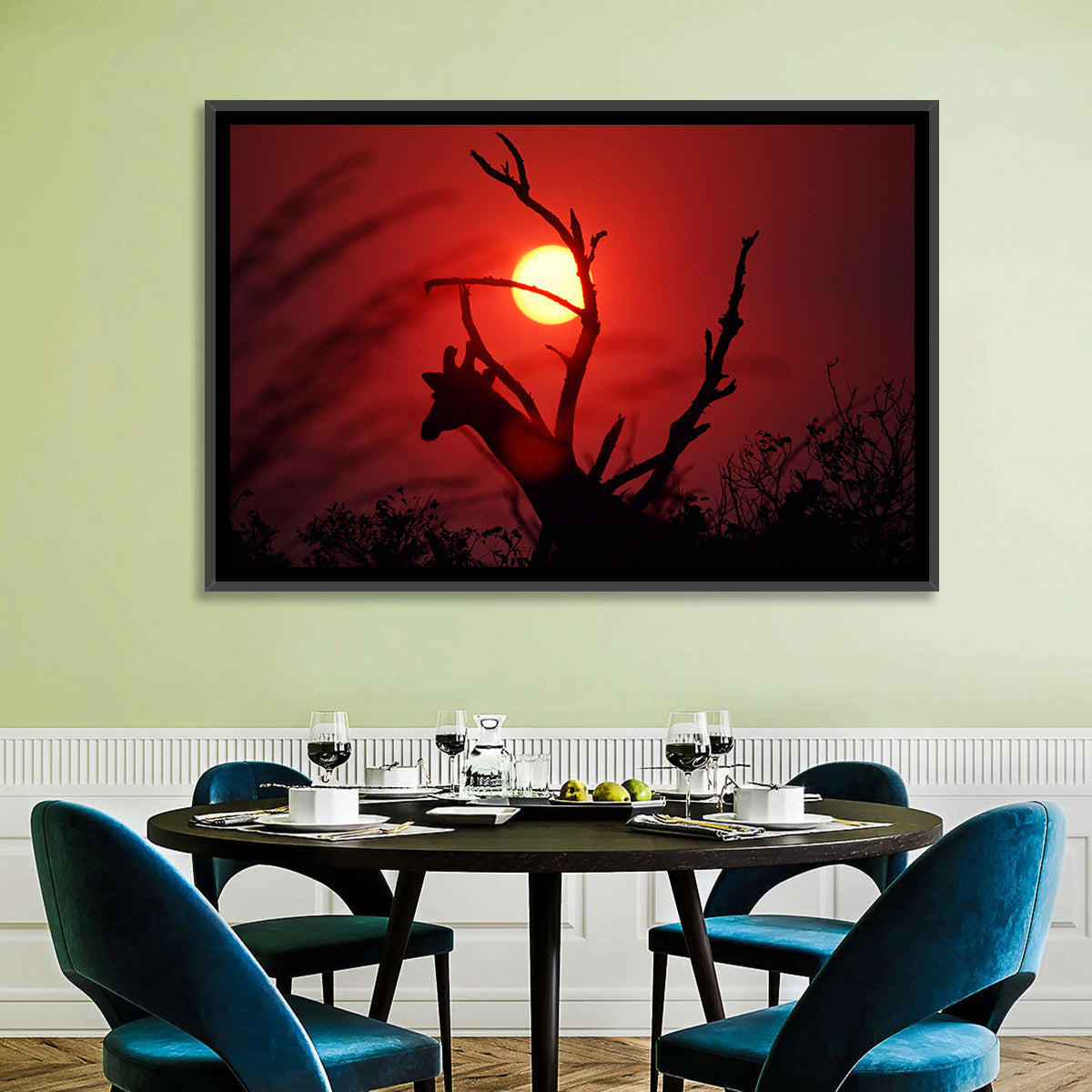 Giraffe Silhouette at Sunset Wall Art in a room, landscape