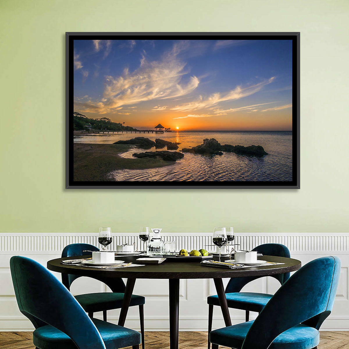 Roatan Pier Sunset Wall Art in a room, landscape