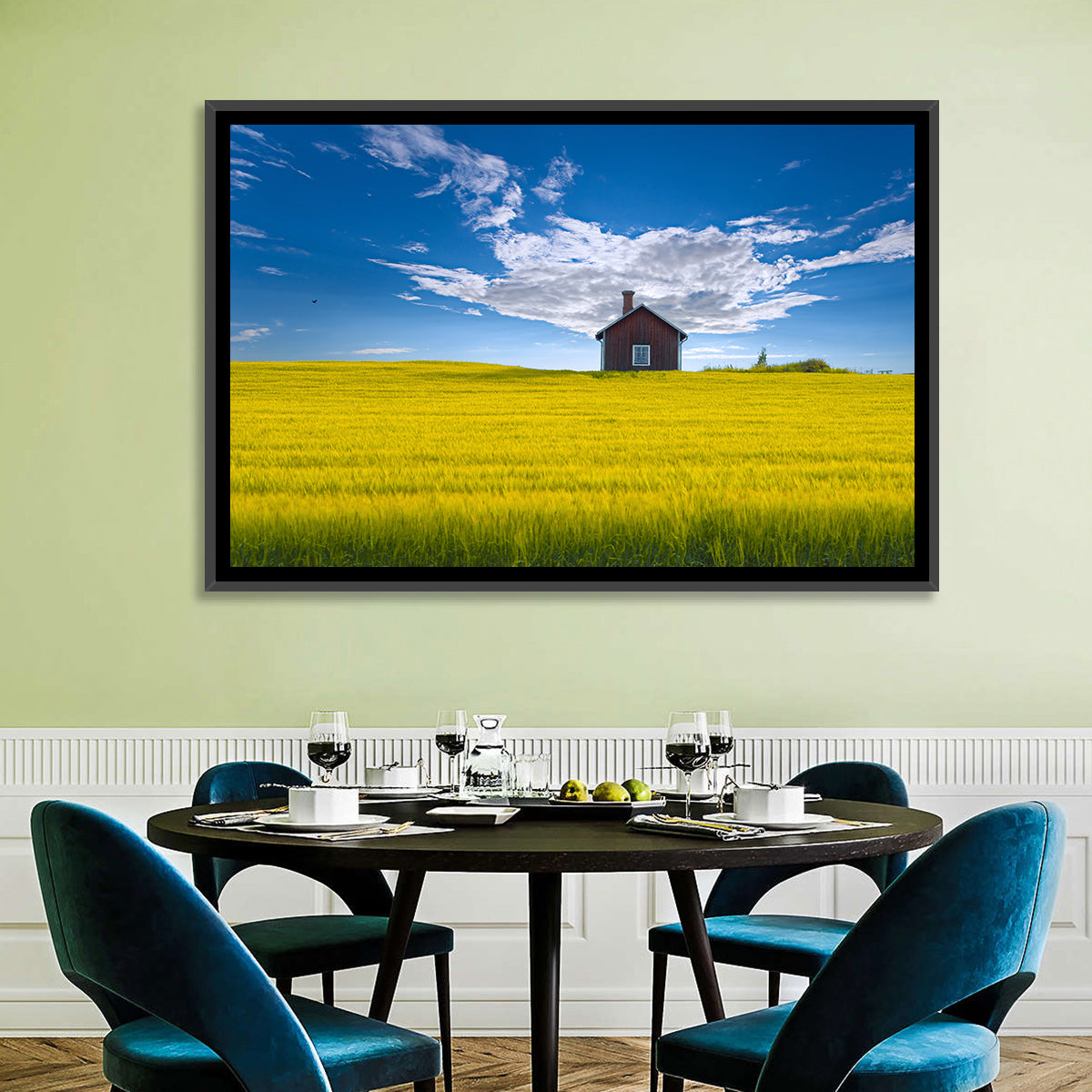 Red Barn in Golden Wheat Field Wall Art in a room, landscape