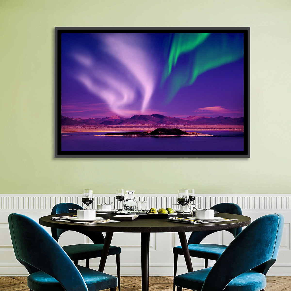 Violet Aurora Over Island Lake Wall Art in a room, landscape