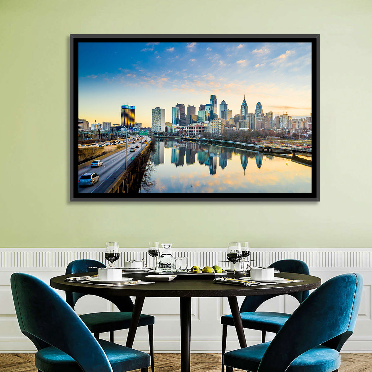 Philadelphia Skyline at Dusk Wall Art in a room, landscape