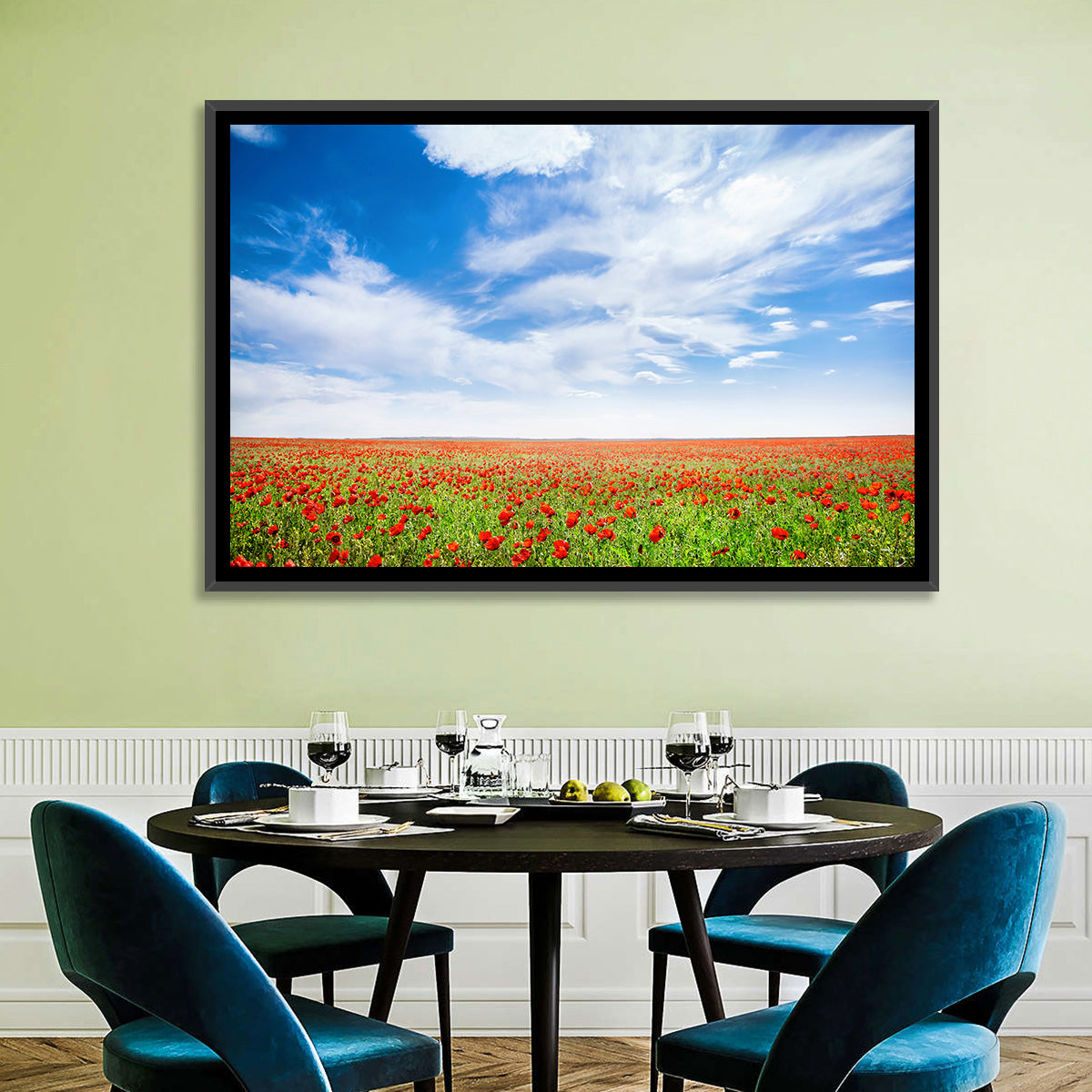 Red Poppy Field Wall Art in a room, landscape