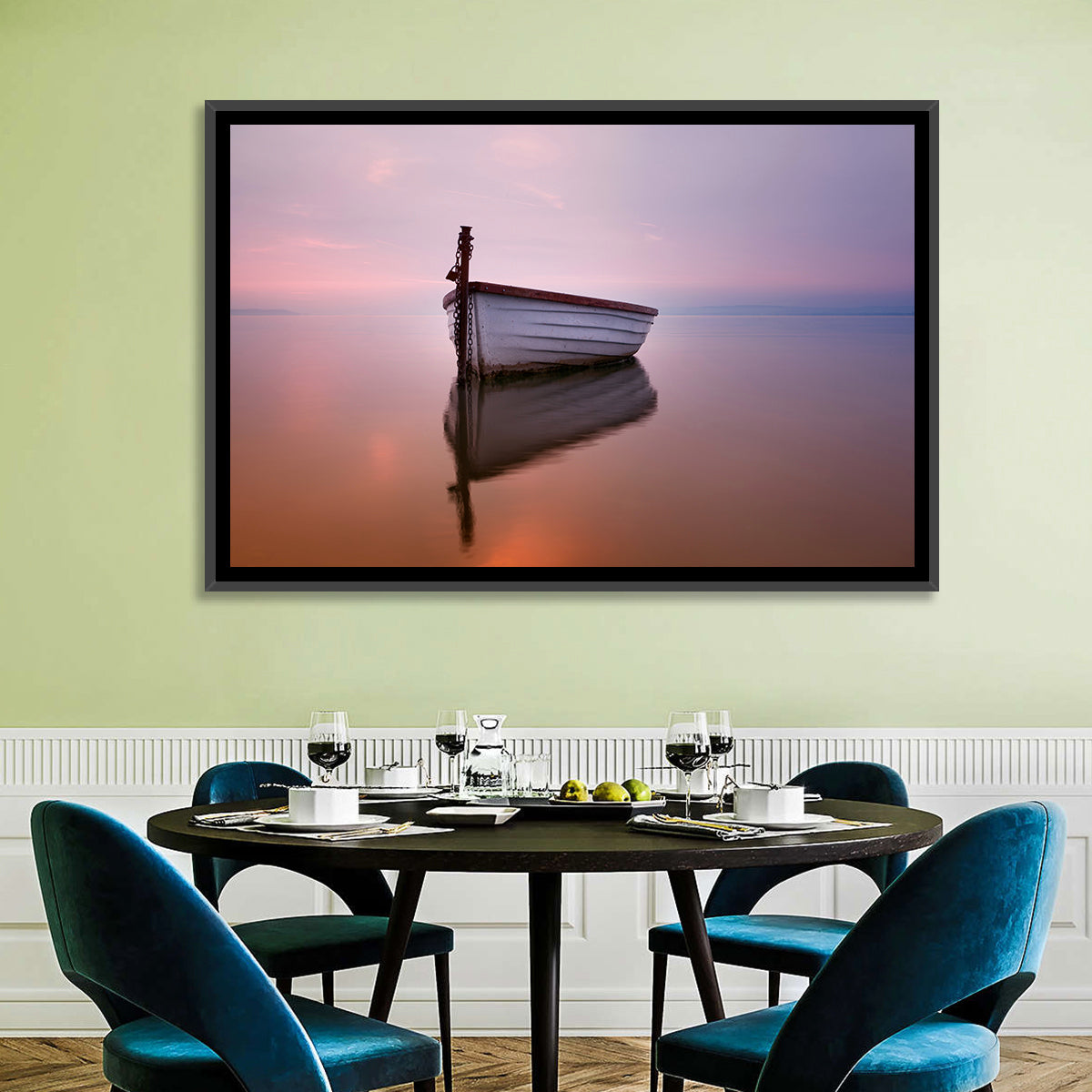 Pastel Boat Reflection Wall Art in a room, landscape