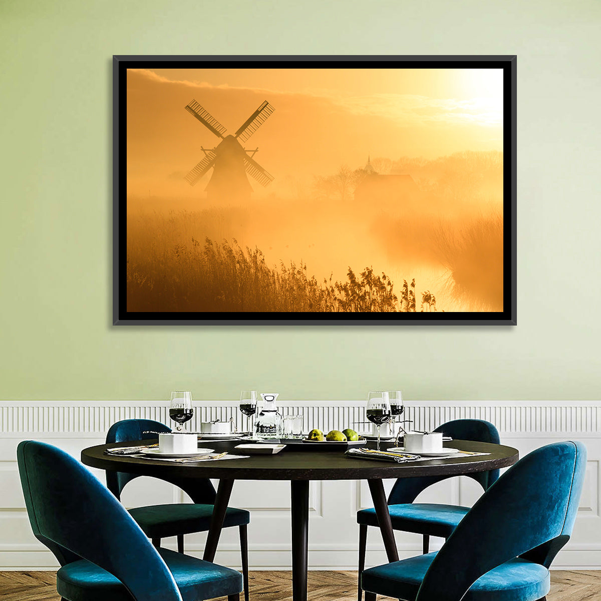 Golden Dutch Windmill Sunrise Wall Art in a room, landscape