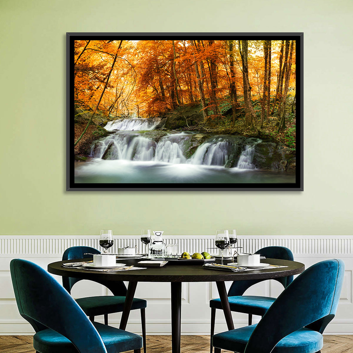 Autumn Forest Waterfall Wall Art in a room, landscape