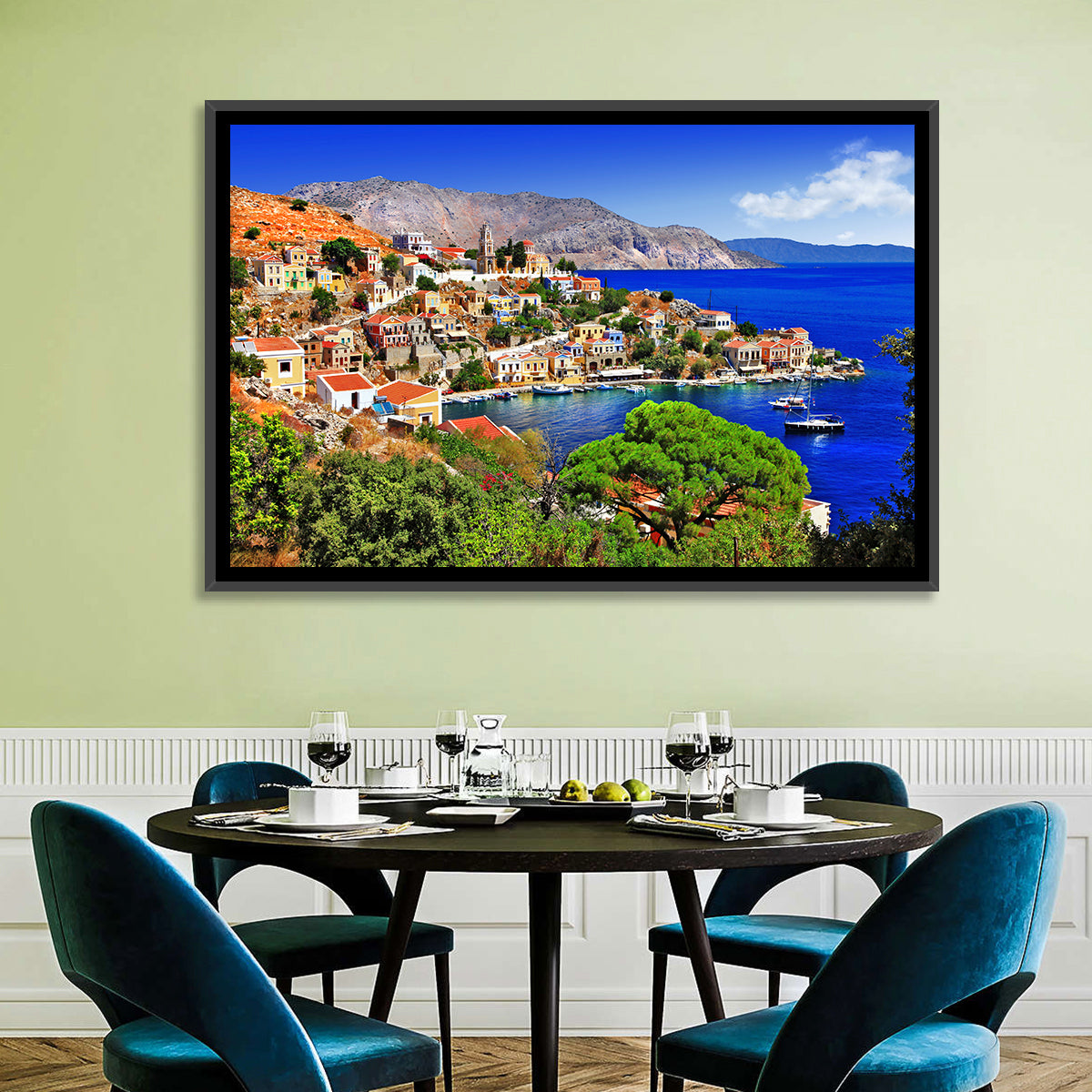 Symi Harbor, Greece Wall Art in a room, landscape