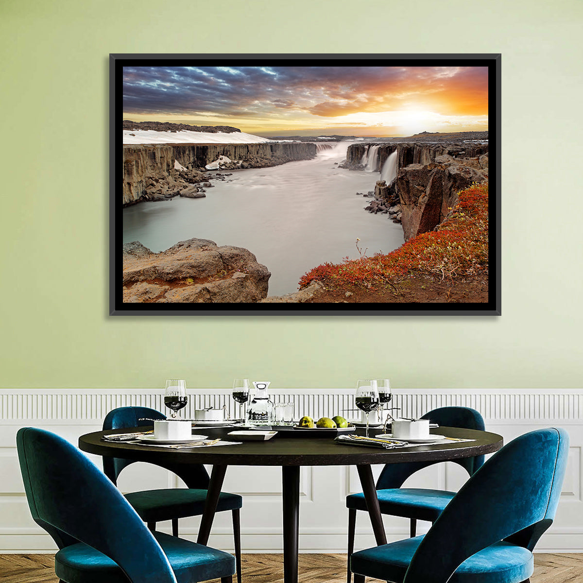 Selfoss Waterfall at Sunset Wall Art in a room, landscape