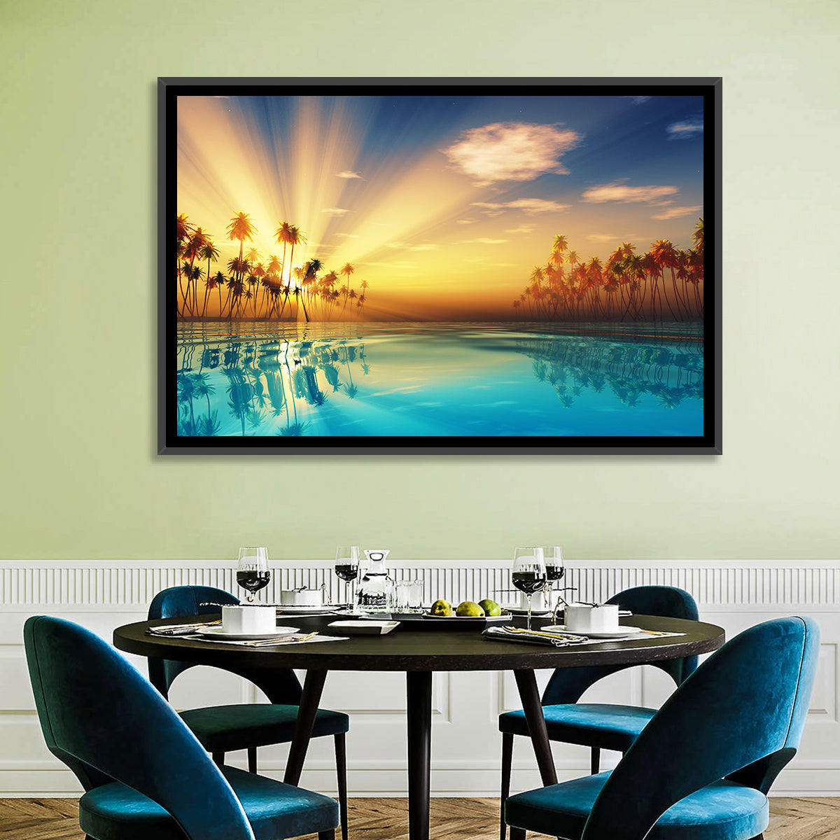 Turquoise Sunset Over Palm Island Wall Art in a room, landscape