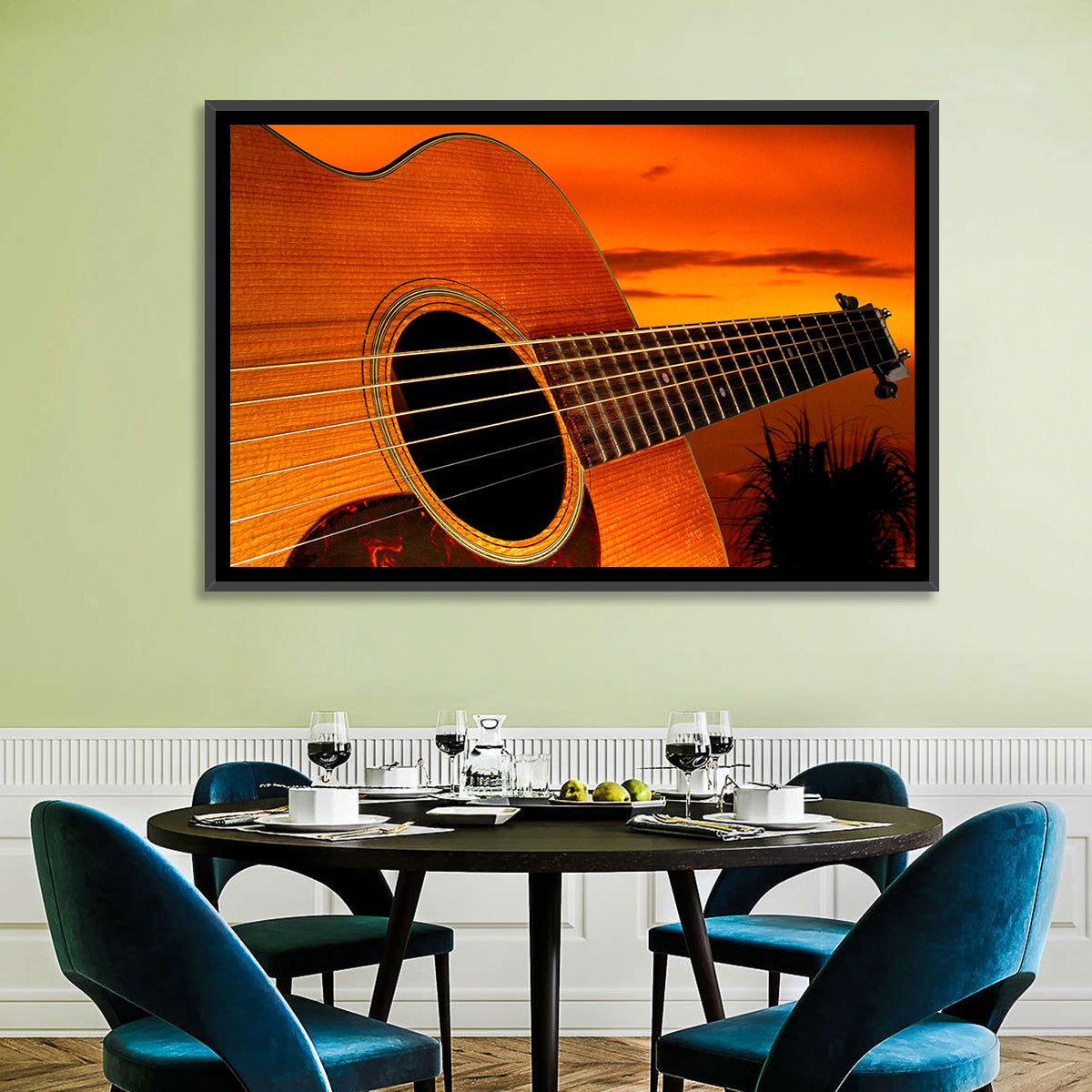 Sunset Acoustic Guitar Silhouette Wall Art in a room, landscape