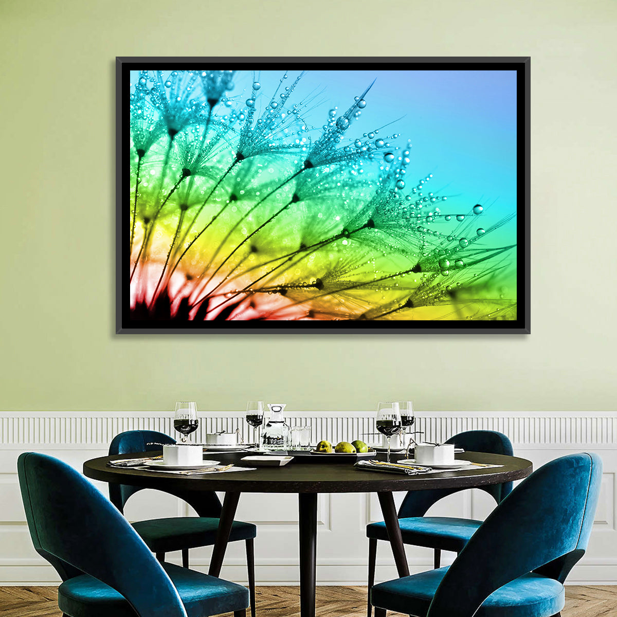 Dewy Dandelion Close-up Wall Art in a room, landscape