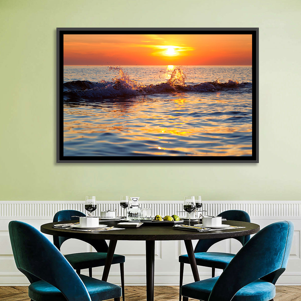 Lake Michigan Sunset Waves Wall Art in a room, landscape
