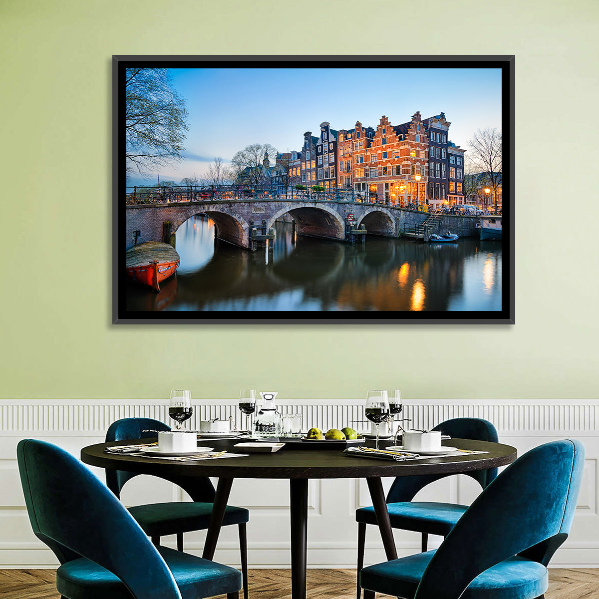 Brouwersgracht Canal Bridge at Dusk Wall Art in a room, landscape
