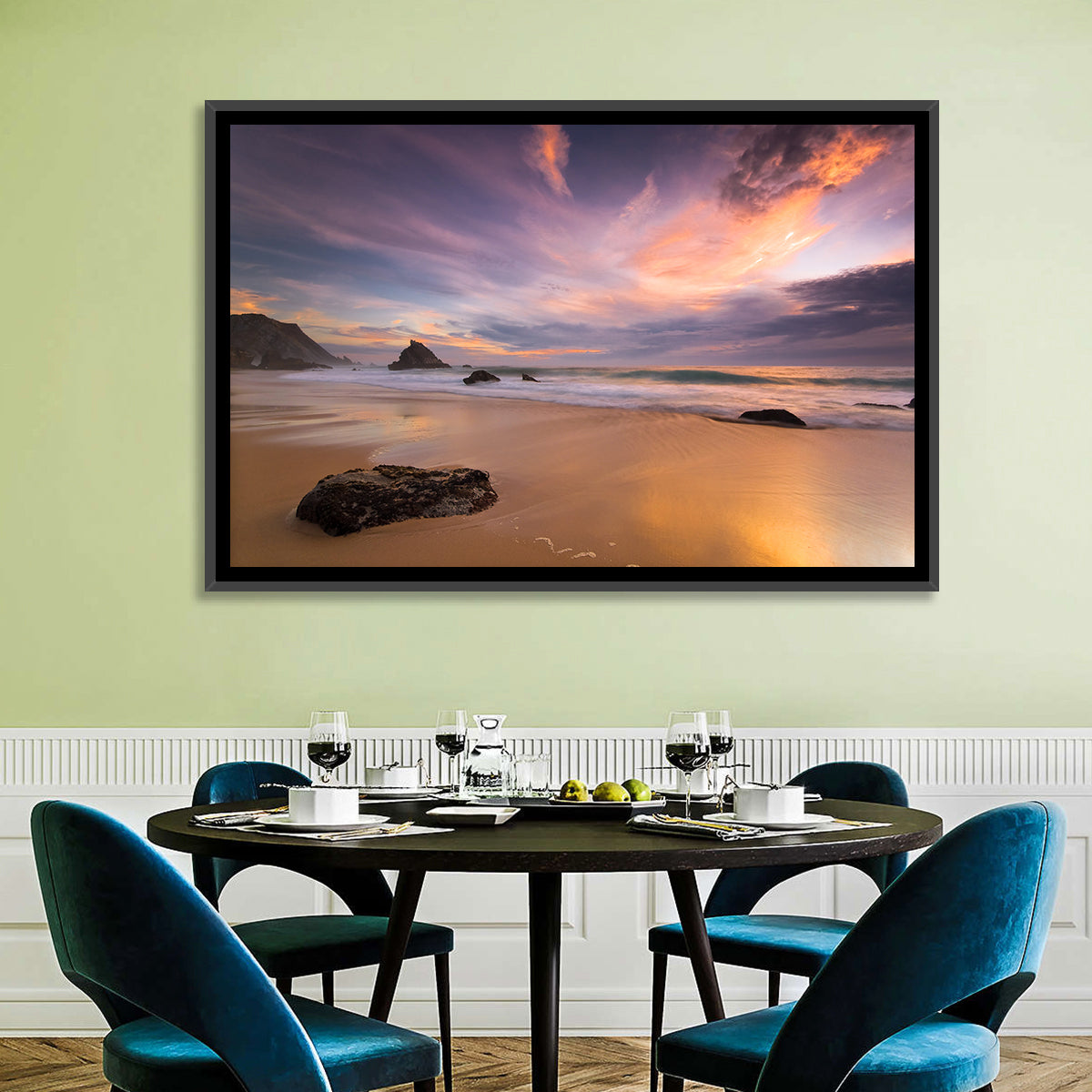 Adraga Beach Sunset Wall Art in a room, landscape