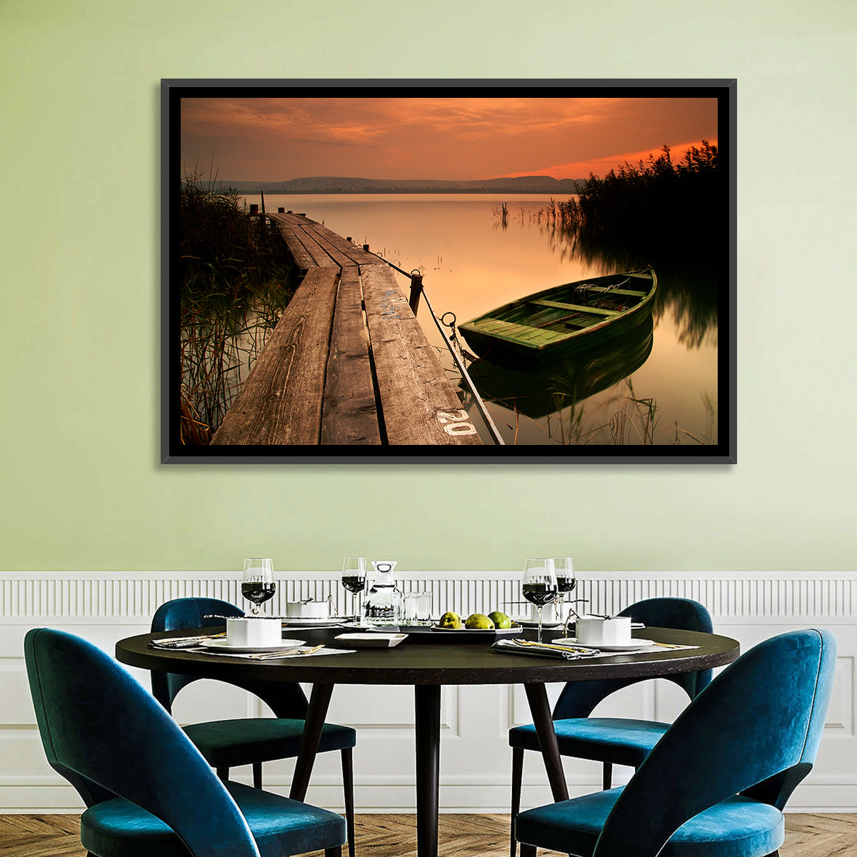 Pier and Rowboat on Lake Balaton Wall Art in a room, landscape