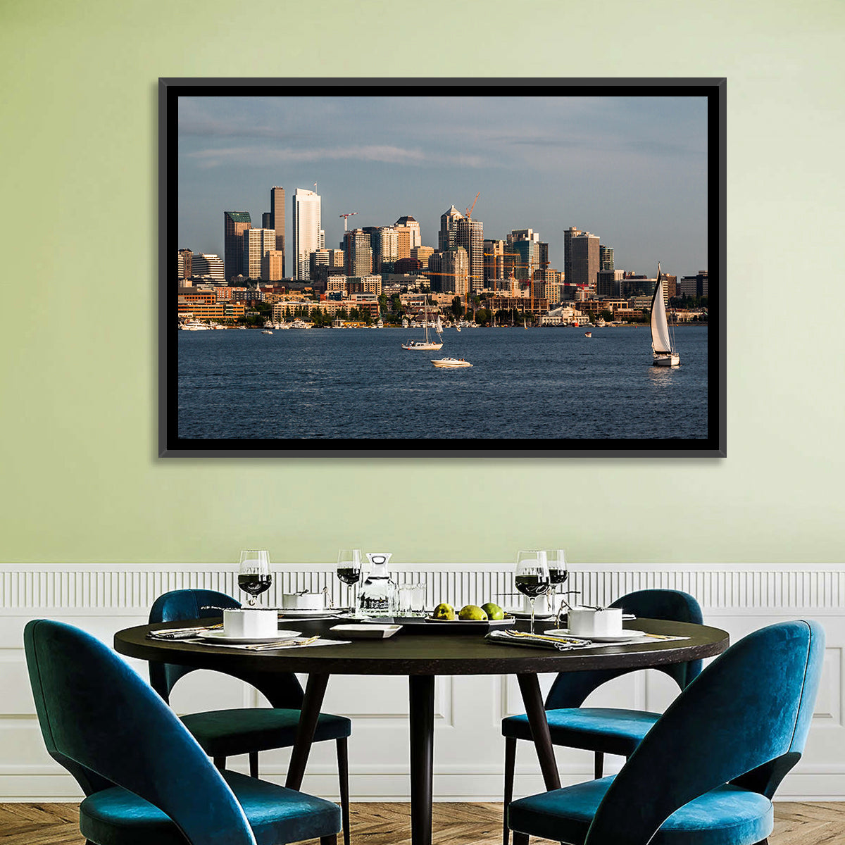 Seattle Skyline at Golden Hour Wall Art in a room, landscape