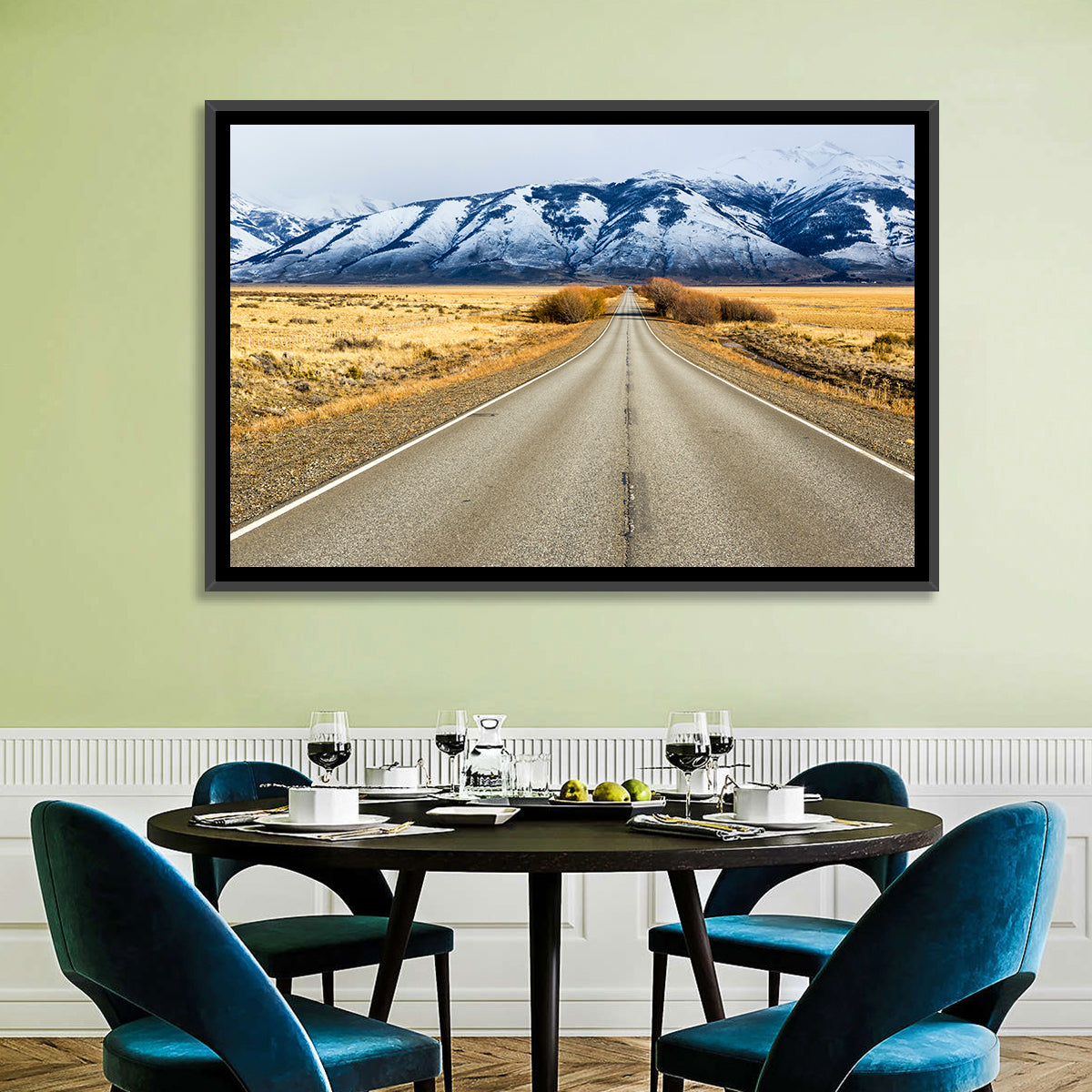 El Calafate Road with Snow Peaks Wall Art in a room, landscape