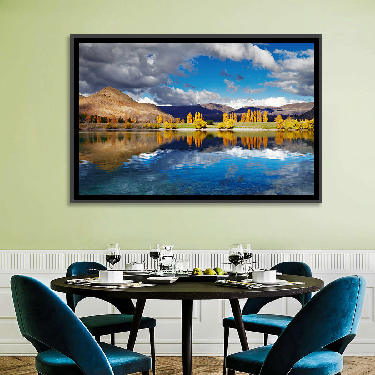 Lake Tekapo Autumn Reflection Wall Art in a room, landscape