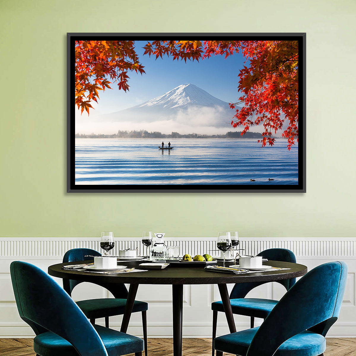 Mount Fuji Over Lake Kawaguchiko Wall Art in a room, landscape
