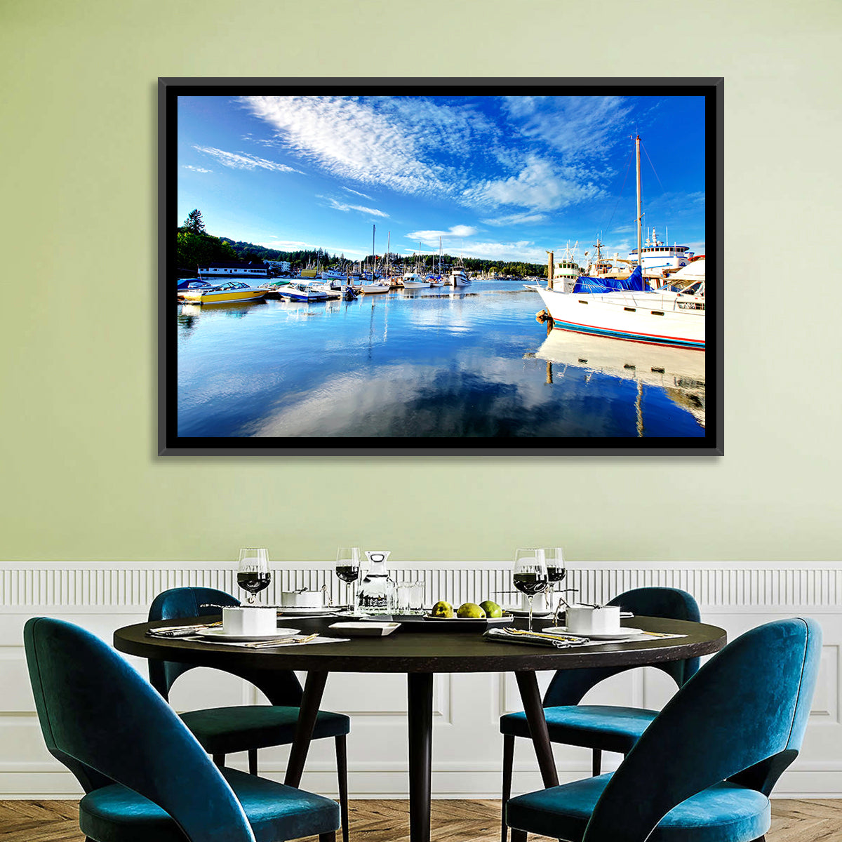 Tacoma Marina Reflections Wall Art in a room, landscape